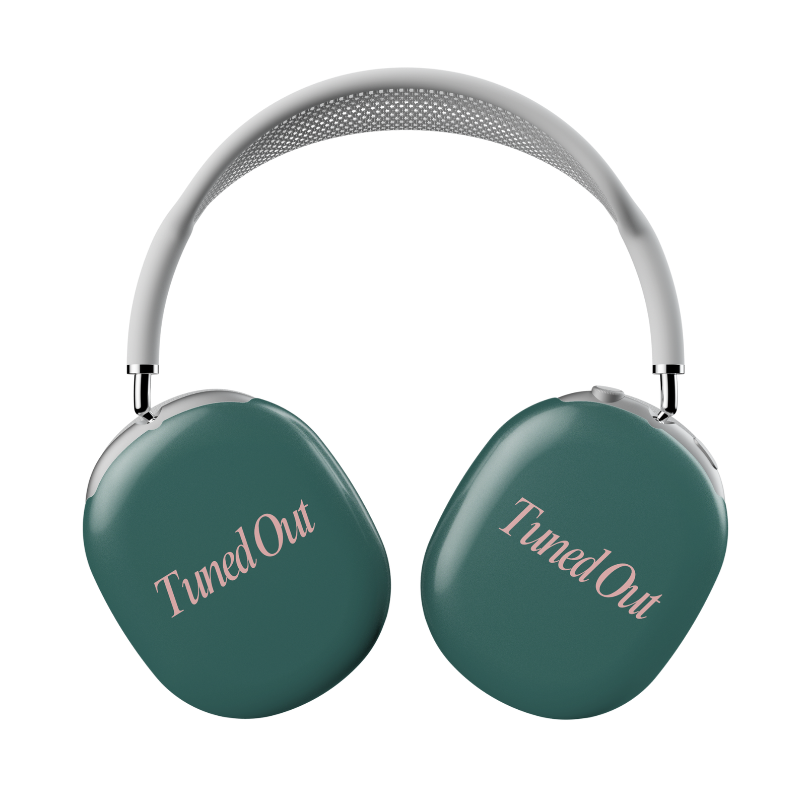 AirPods Max with glossy dark green headphone wrap featuring the quote “Tuned Out” in soft pink – trendy and aesthetic cover