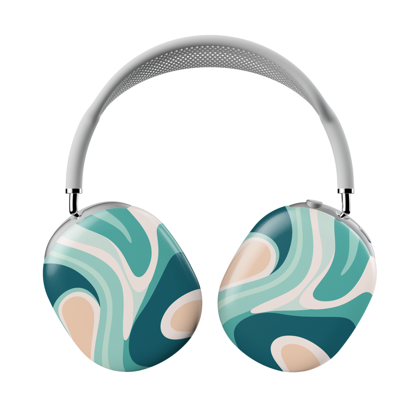 AirPods Max cover with abstract teal, mint, cream, and beige swirl design – stylish headphone skin for Apple headset.