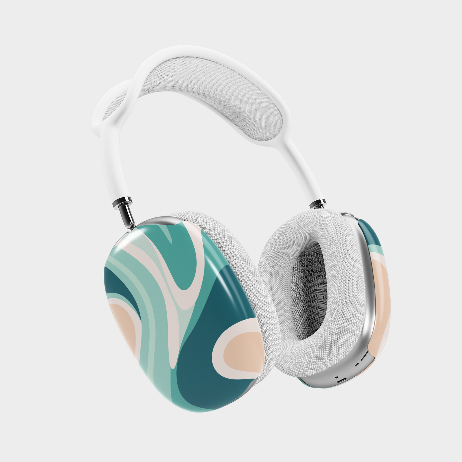 AirPods Max cover with abstract teal, mint, cream, and beige swirl design – stylish headphone skin for Apple headset.