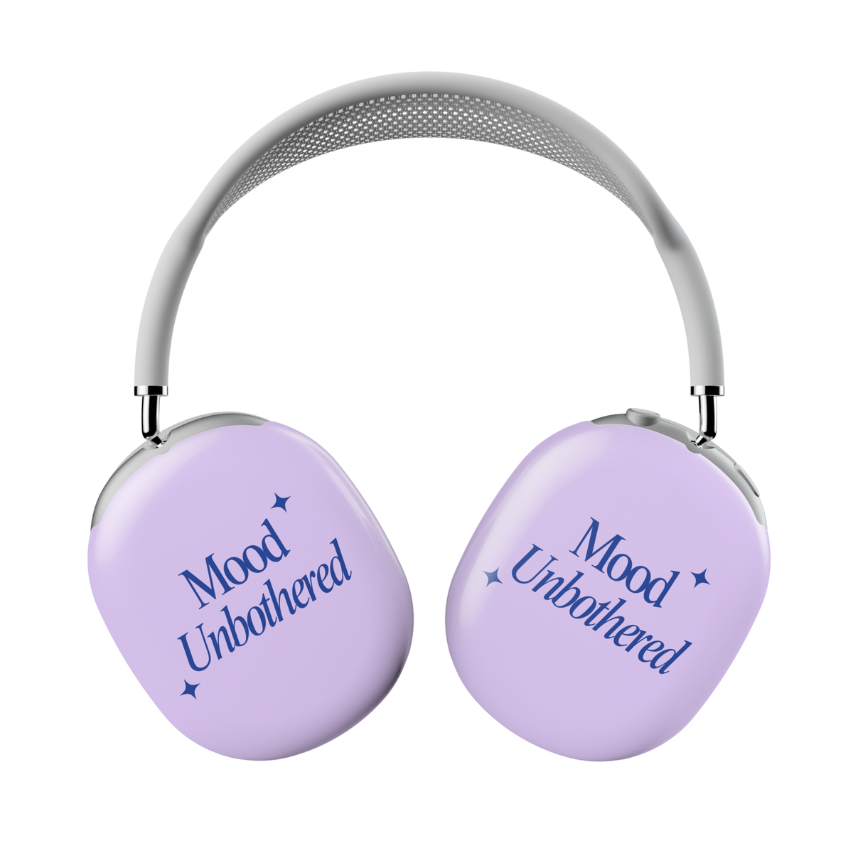 AirPods Max in glossy lavender with “Mood Unbothered” quote in blue – cute and aesthetic headphone cover for women