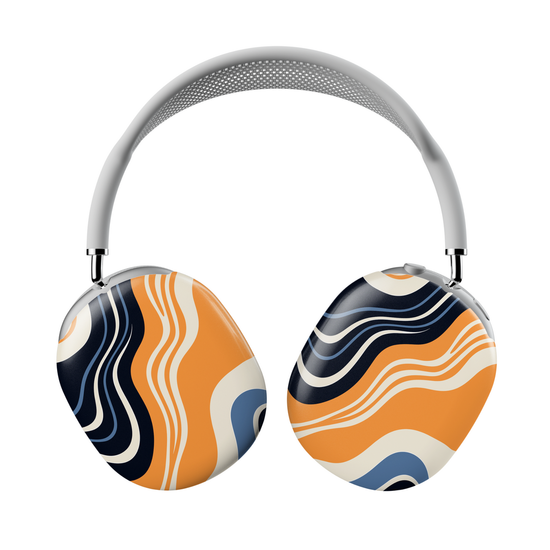 AirPods Max cover with bold abstract wavy design in orange, navy, cream, and blue – modern headphone skin for Apple.
