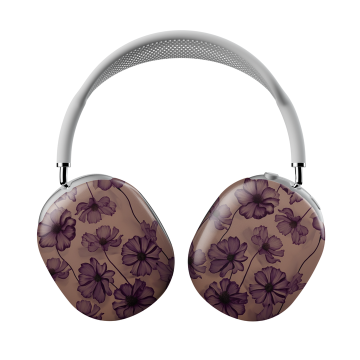 Minimal floral AirPods Max cover with dark purple flower pattern on neutral background