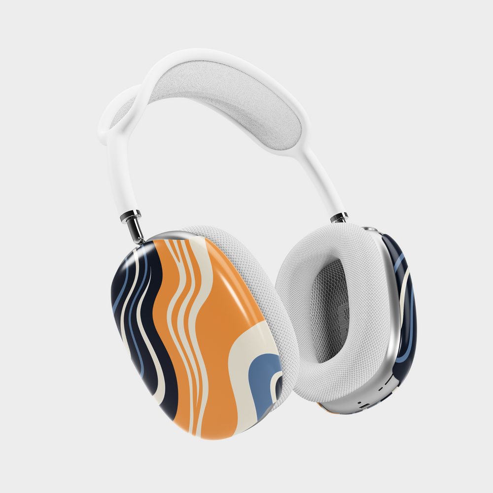 AirPods Max cover with bold abstract wavy design in orange, navy, cream, and blue – modern headphone skin for Apple.
