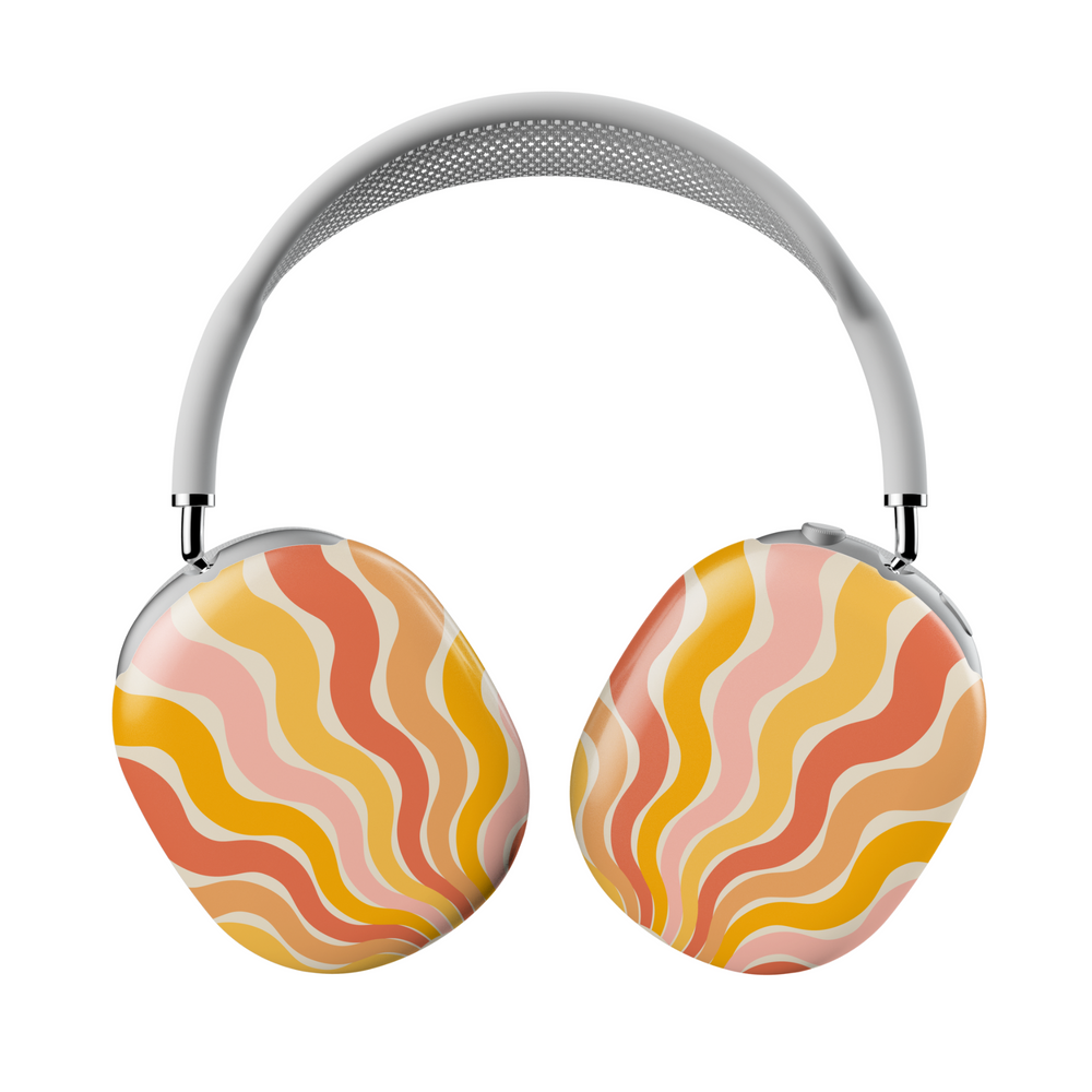 AirPods Max cover with retro wavy orange, yellow, and pink swirl pattern – vintage summer protective skin for Apple headphones.