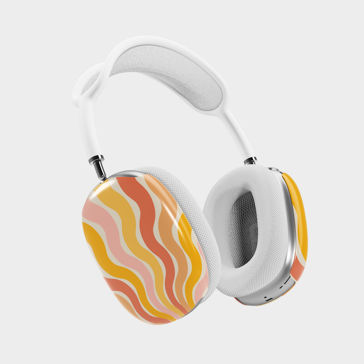 AirPods Max cover with retro wavy orange, yellow, and pink swirl pattern – vintage summer protective skin for Apple headphones.