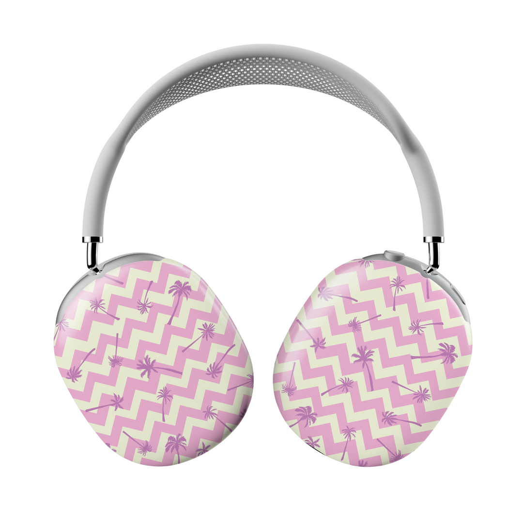 AirPods Max cover with pink chevron stripes and palm trees – tropical beach vibe protective skin for Apple headphones.