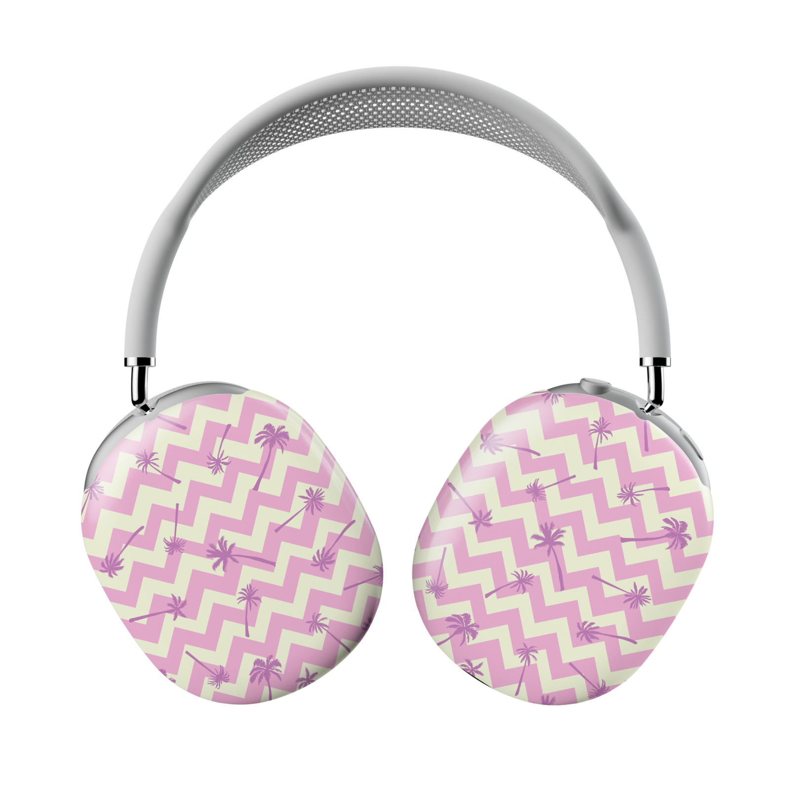 AirPods Max cover with pink chevron stripes and palm trees – tropical beach vibe protective skin for Apple headphones.