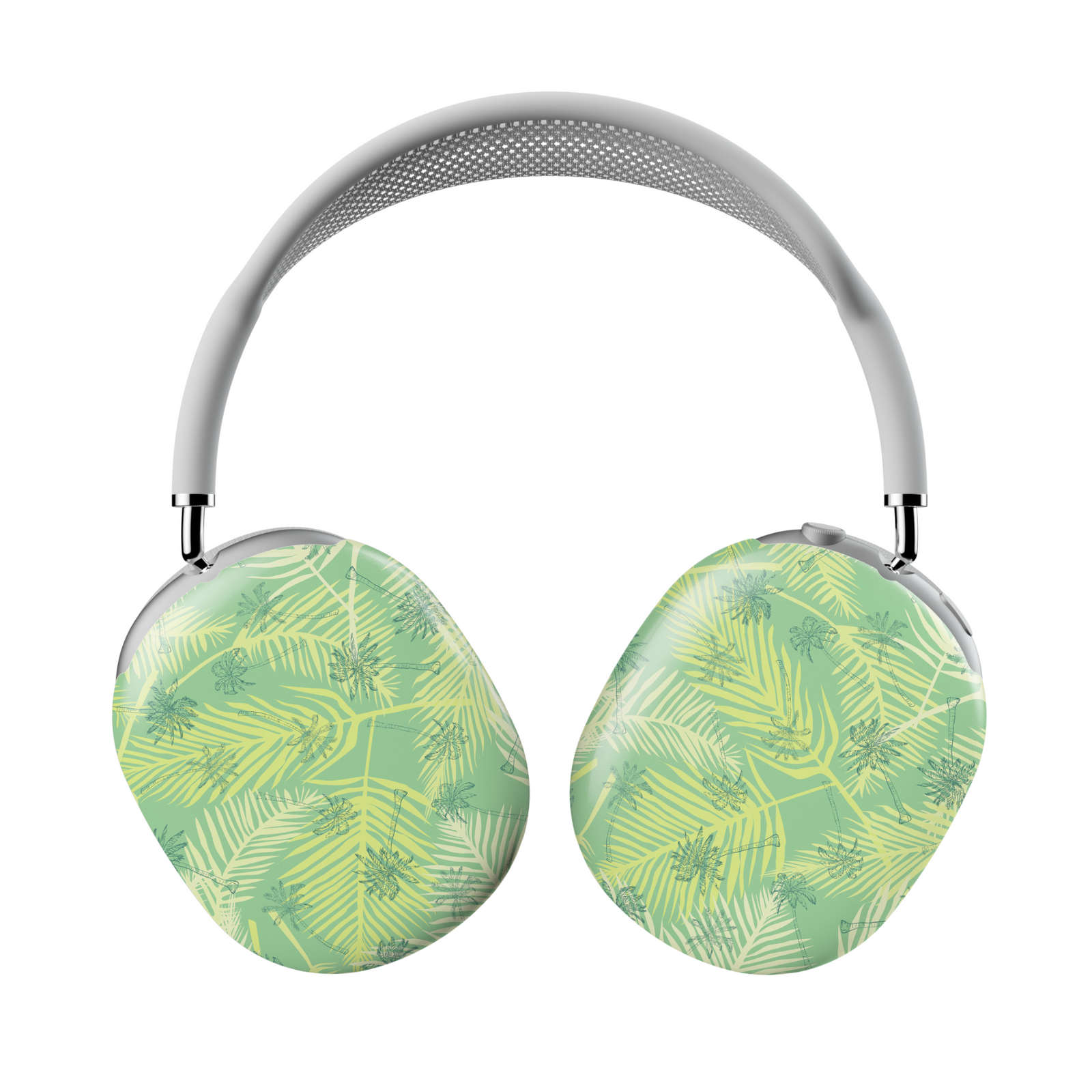 AirPods Max cover with green tropical leaves and palm frond pattern – botanical summer design protective skin.