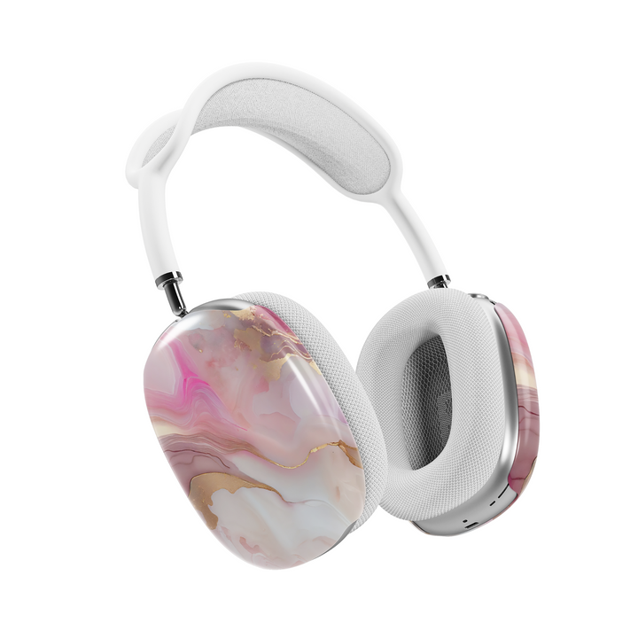 Elegant pink and gold marble AirPods Max cover with fluid abstract design, luxury aesthetic headphone skin for Apple AirPods Max.
