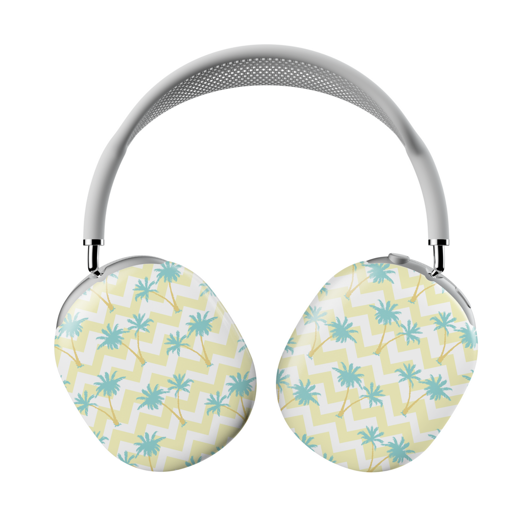 AirPods Max protective cover with yellow chevron and teal palm tree pattern – tropical summer design skin.