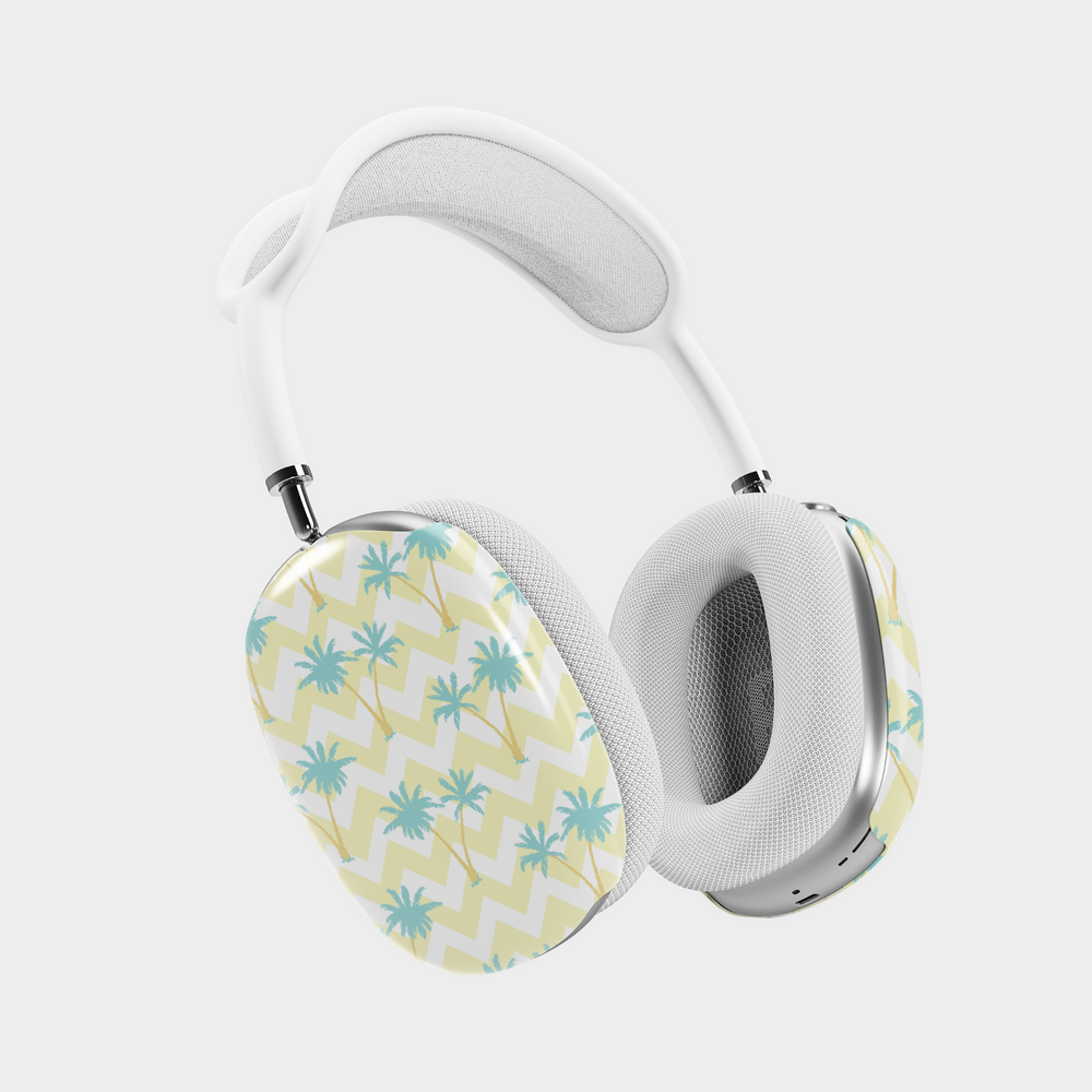 AirPods Max protective cover with yellow chevron and teal palm tree pattern – tropical summer design skin.
