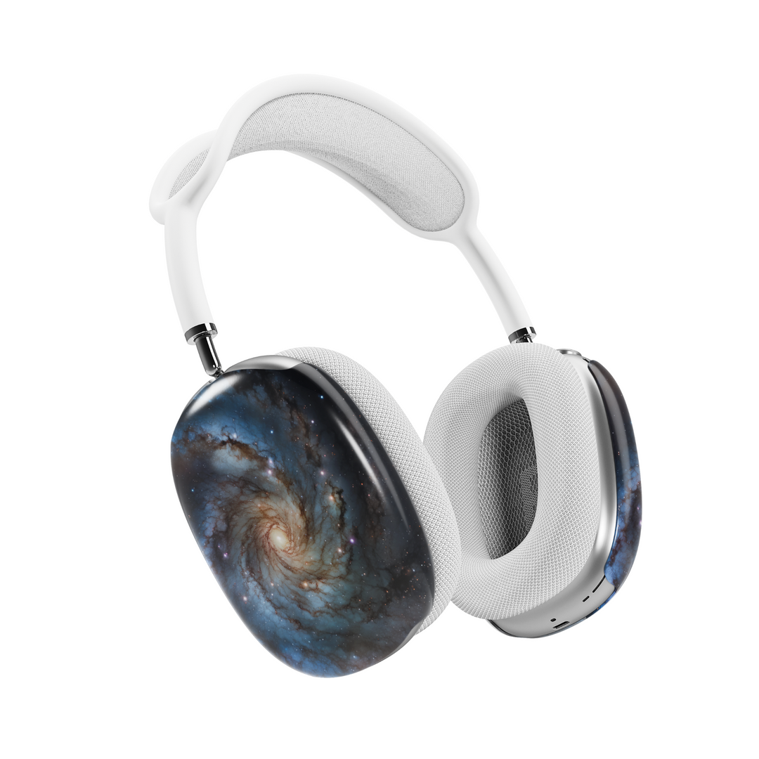 Galaxy AirPods Max cover with spiral nebula design, space-themed headphone skin for Apple AirPods Max, cosmic aesthetic tech accessory.