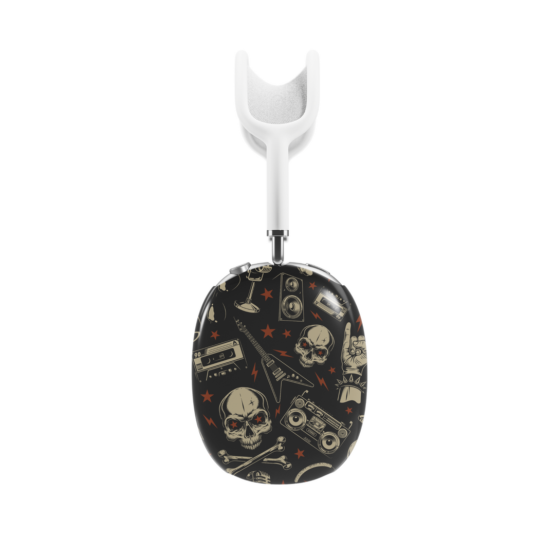 Rock and roll AirPods Max cover with skulls, guitars, boombox, and cassette tape graphics on black background, edgy headphone skin for Apple AirPods Max.