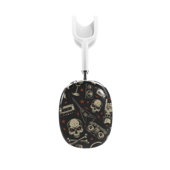Rock and roll AirPods Max cover with skulls, guitars, boombox, and cassette tape graphics on black background, edgy headphone skin for Apple AirPods Max.