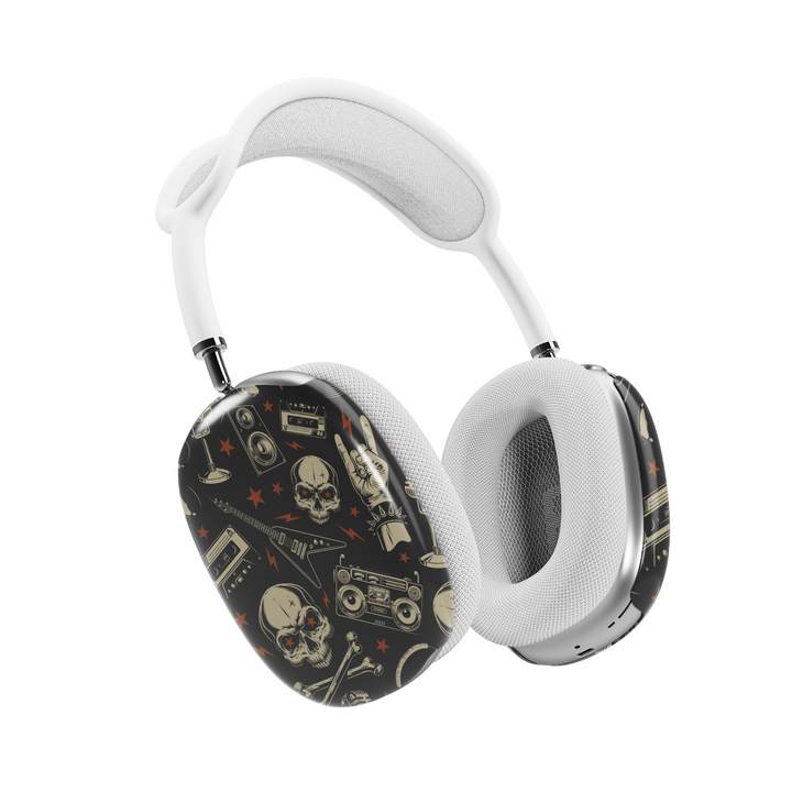 Rock and roll AirPods Max cover with skulls, guitars, boombox, and cassette tape graphics on black background, edgy headphone skin for Apple AirPods Max.