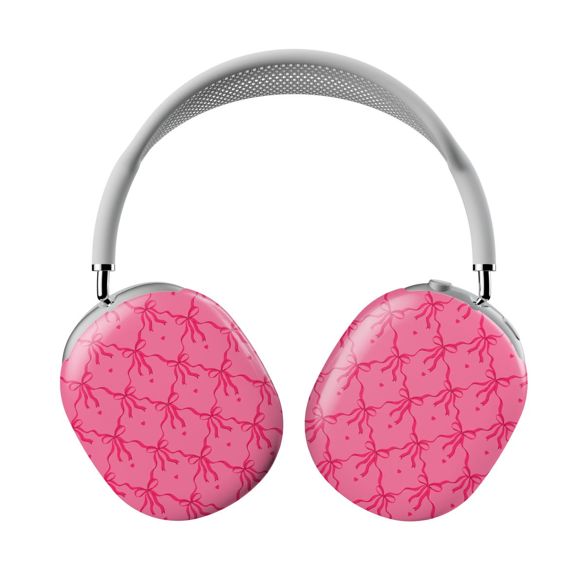Pink AirPods Max case cover with bows and hearts design. Compatible with AirPods Max. Cute and feminine aesthetic.