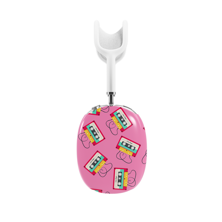 Pink AirPods Max cover with colorful cassette tape and heart line art pattern, retro 90s aesthetic headphone skin for Apple AirPods Max.