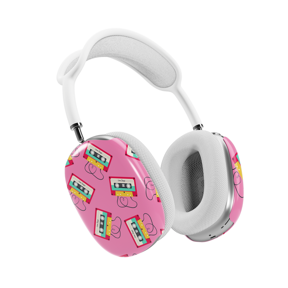 Pink AirPods Max cover with colorful cassette tape and heart line art pattern, retro 90s aesthetic headphone skin for Apple AirPods Max.