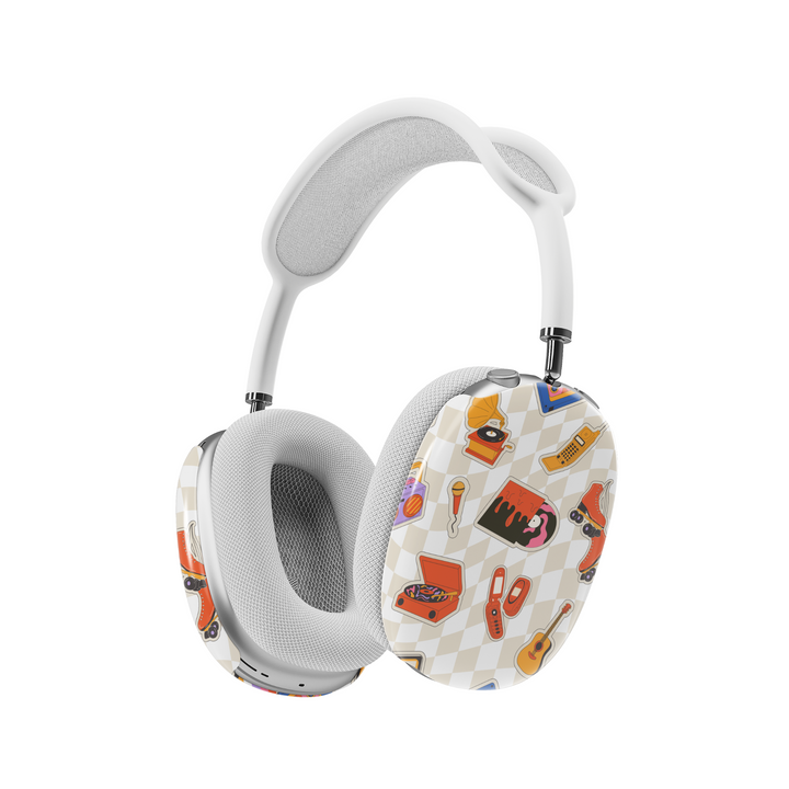 Beige AirPods Max cover with retro illustrations of roller skates, vinyl players, flip phones, guitars, and microphones, vintage aesthetic headphone skin for Apple AirPods Max.