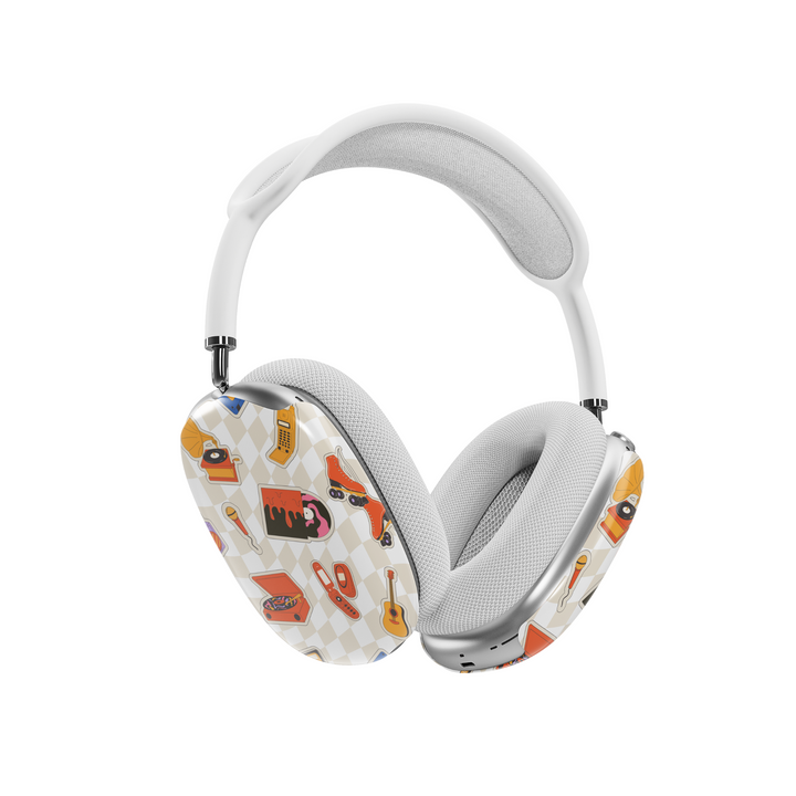 Beige AirPods Max cover with retro illustrations of roller skates, vinyl players, flip phones, guitars, and microphones, vintage aesthetic headphone skin for Apple AirPods Max.