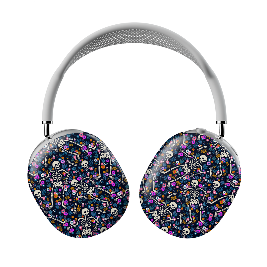 AirPods Max cover with enchanted pumpkins and golden butterflies on a black background, protective fall headphone case.