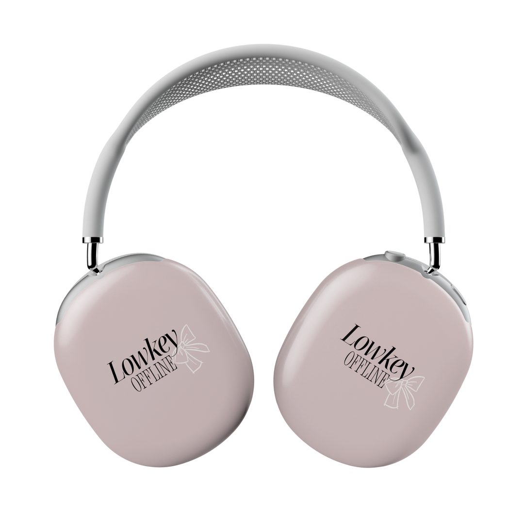Nude AirPods Max cover with black text “Lowkey Offline” and subtle bow design – minimalist girly headphone skin wrap