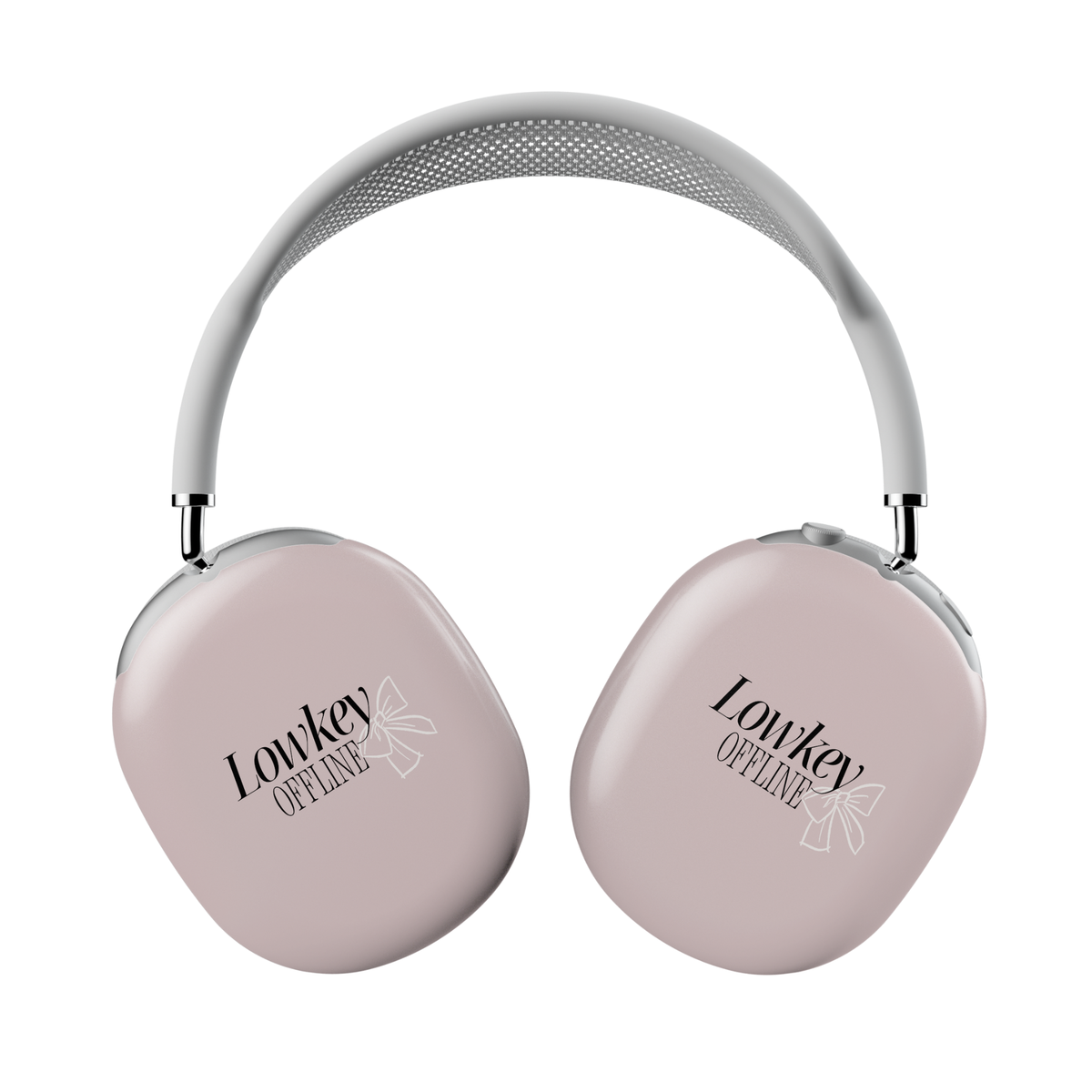 Nude AirPods Max cover with black text “Lowkey Offline” and subtle bow design – minimalist girly headphone skin wrap