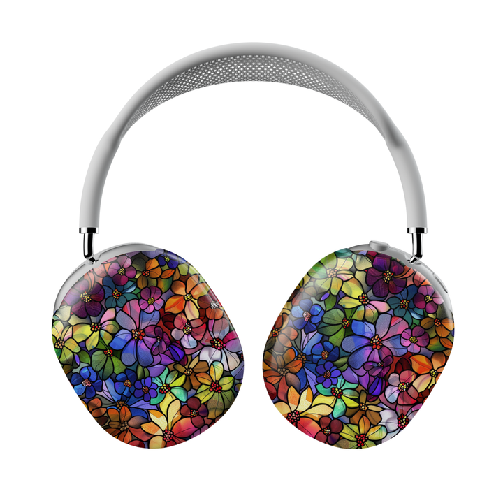 Stained glass floral AirPods Max cover with colorful mosaic flower pattern