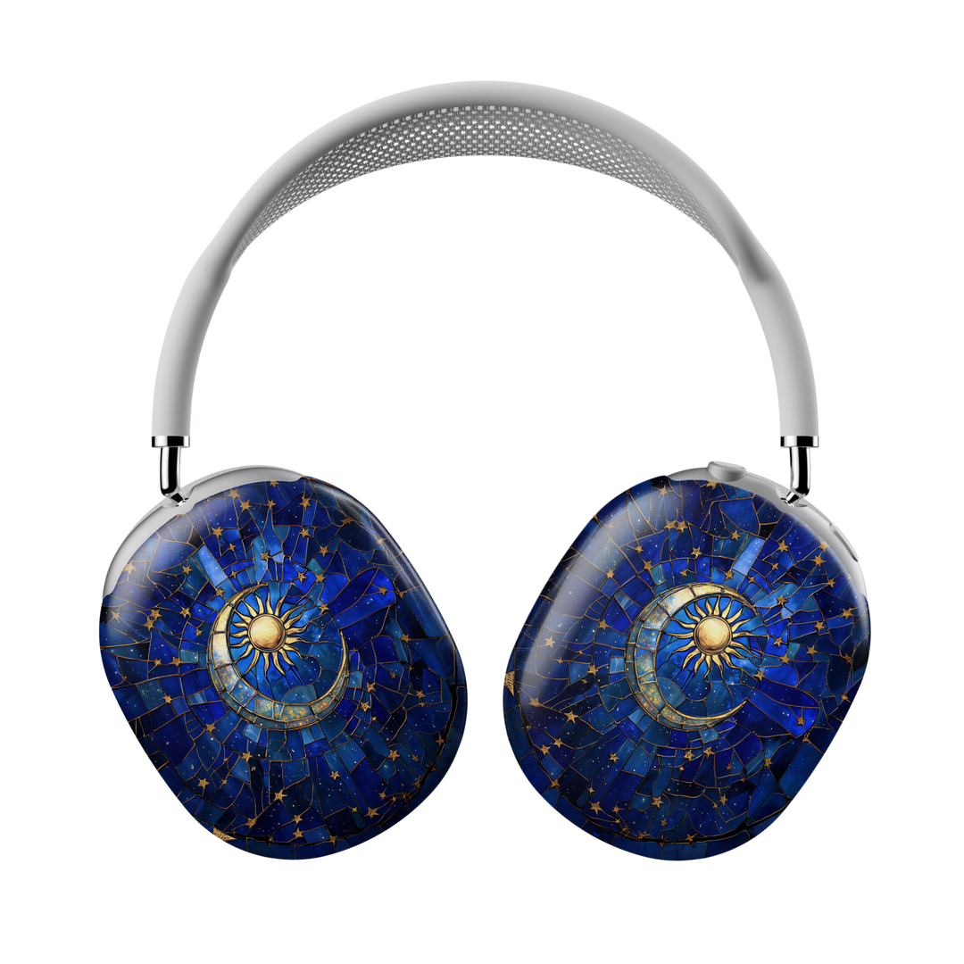 Stained glass sun and star AirPods Max cover with deep blue celestial night sky design