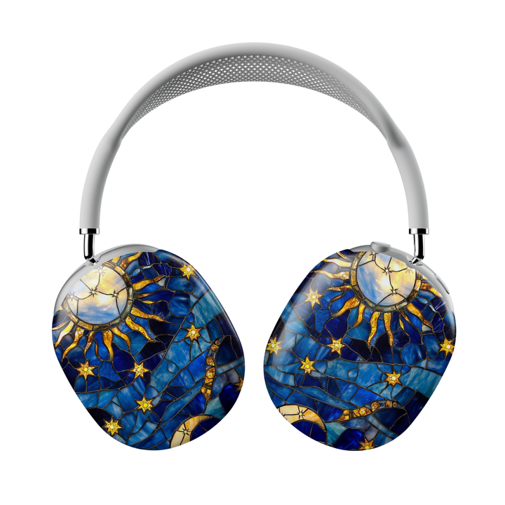 Stained glass sun and star AirPods Max cover with deep blue celestial night sky design