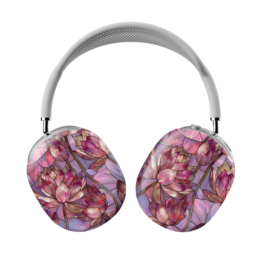 Stained glass pink floral AirPods Max cover with lotus flower mosaic design and soft pastel tones