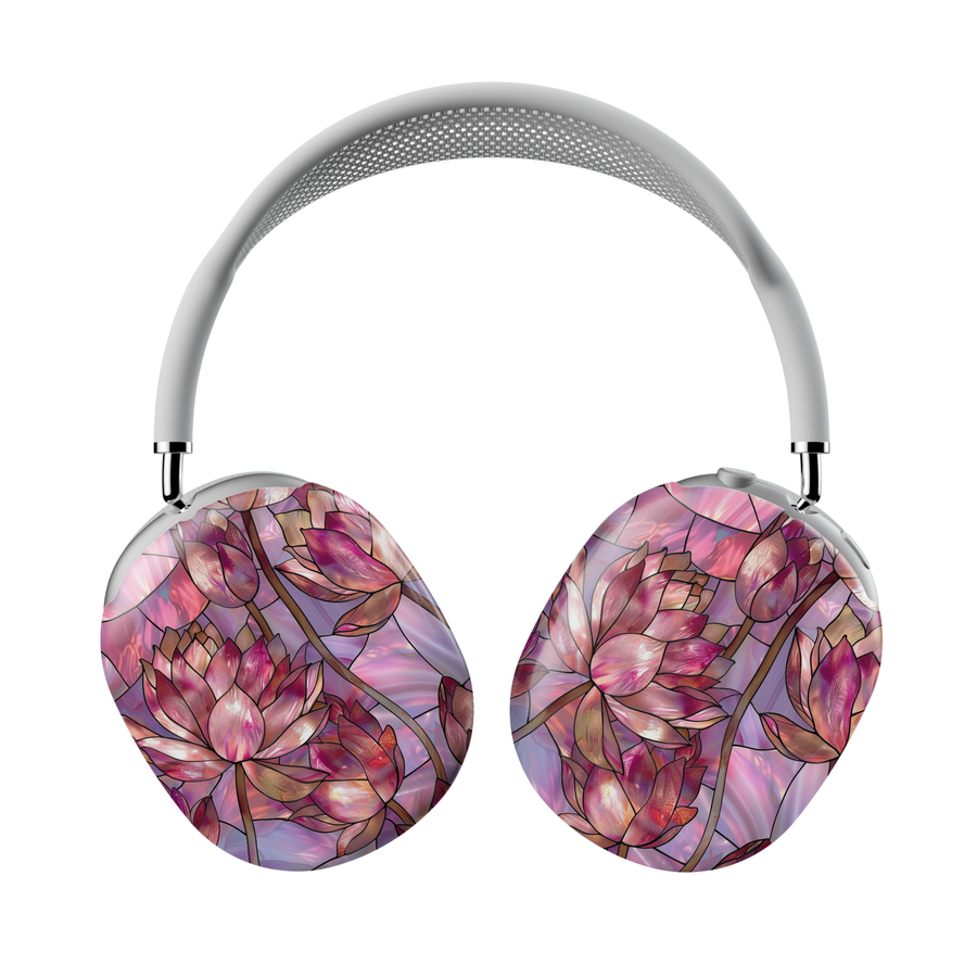 Stained glass pink floral AirPods Max cover with lotus flower mosaic design and soft pastel tones