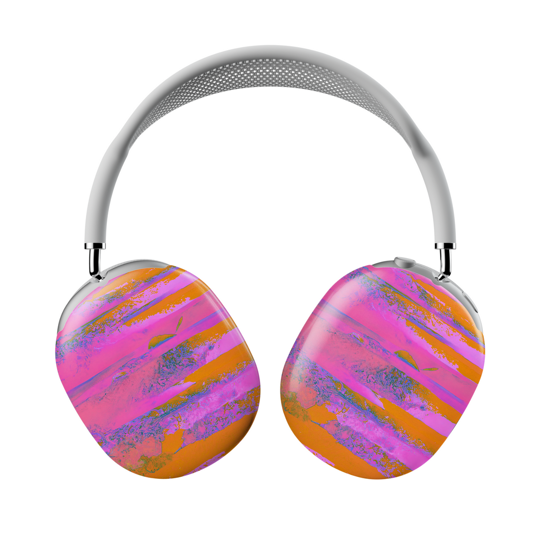 AirPods Max cover with abstract brushstroke design in neon pink, orange, and purple – artistic and edgy headphone skin.