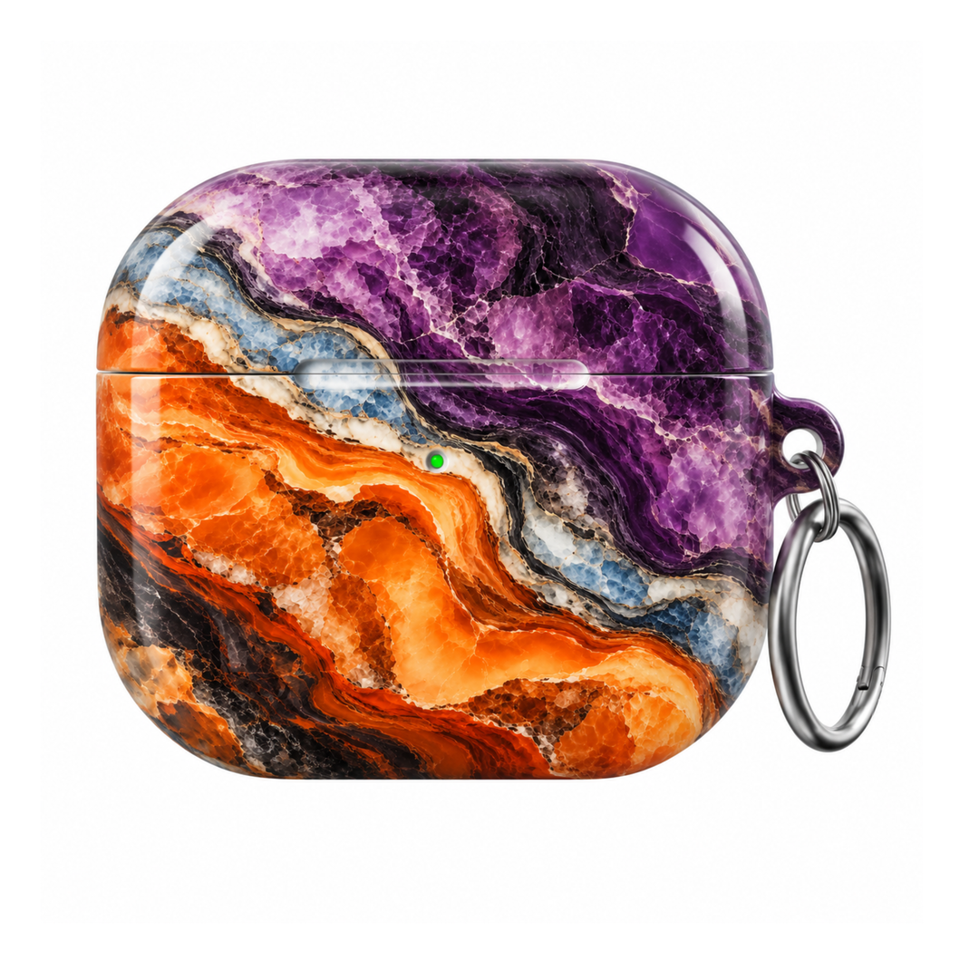 Amethyst Ember AirPods Case featuring vivid amethyst purple, glowing amber orange, icy blue, ivory and smoky black agate-inspired crystal layers with a silver carabiner.