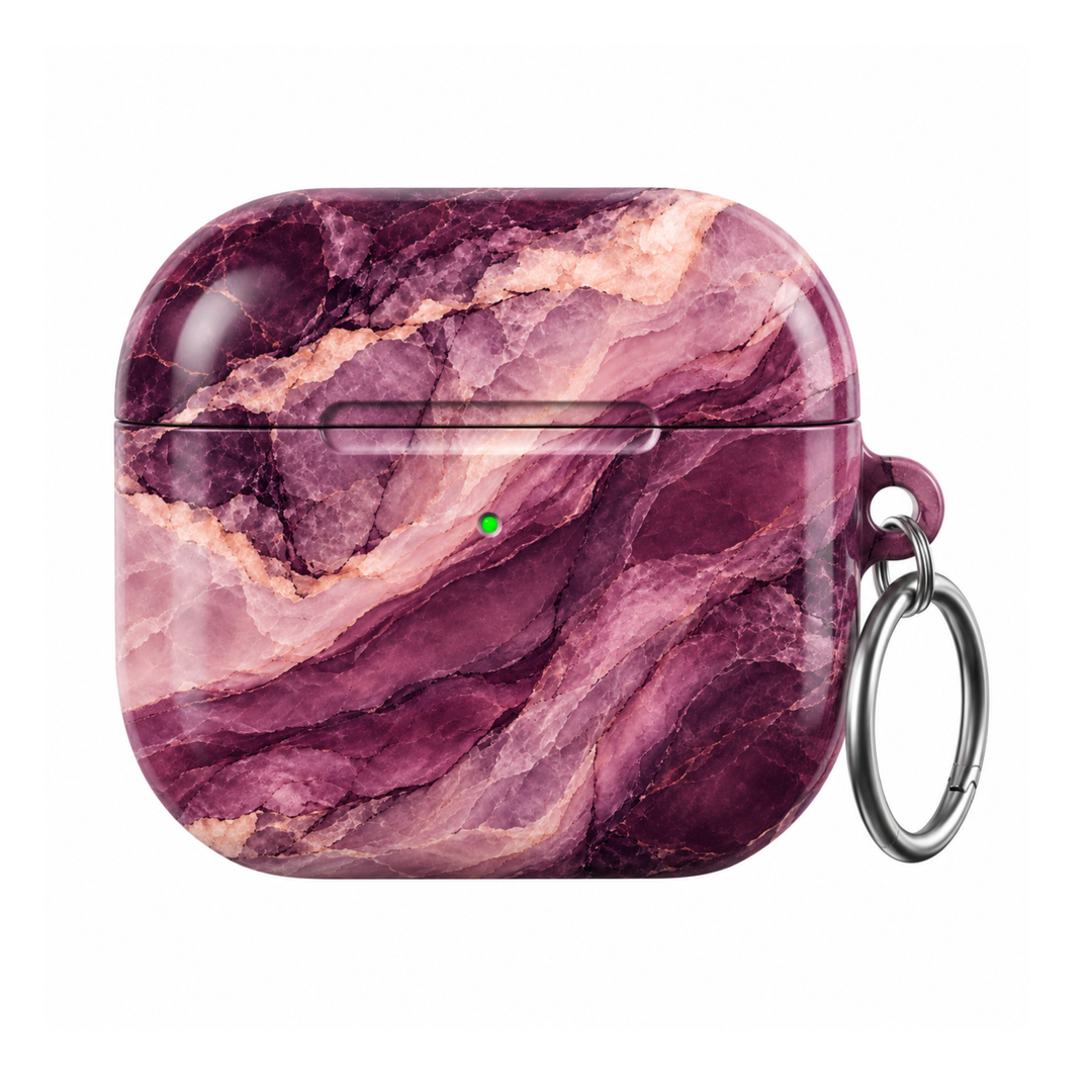Plum Veil AirPods Case featuring layered deep plum, blackberry purple, dusty mauve, blush pink and ivory marble with a silver carabiner.