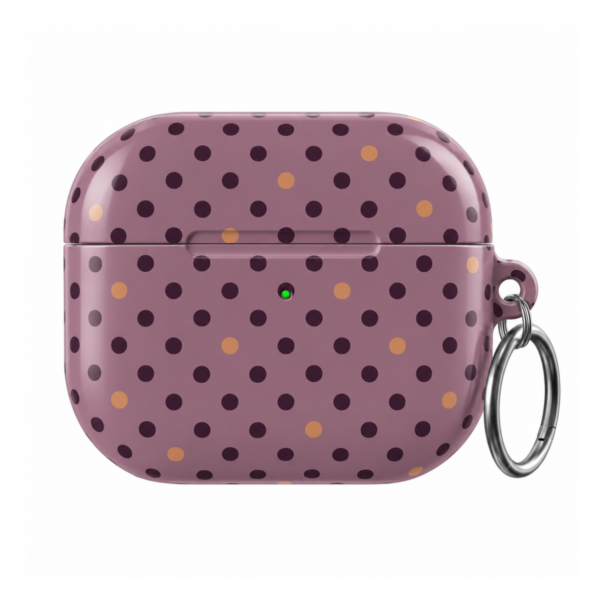 Autumn Confetti AirPods Case featuring a muted mauve background with deep burgundy and warm caramel polka dots and a silver carabiner.