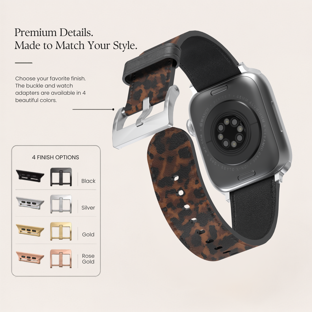 Savannah Luxe Leopard Vegan Leather Apple Watch Band with premium stainless steel buckle and soft faux suede lining compatible with Apple Watch Ultra, SE and Series 1 through 10.