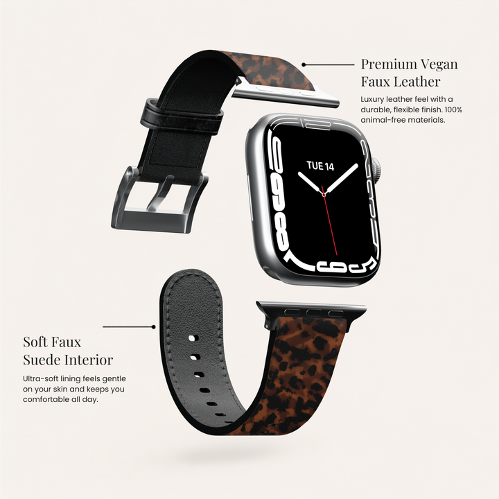 Savannah Luxe Leopard Vegan Leather Apple Watch Band with premium stainless steel buckle and soft faux suede lining compatible with Apple Watch Ultra, SE and Series 1 through 10.