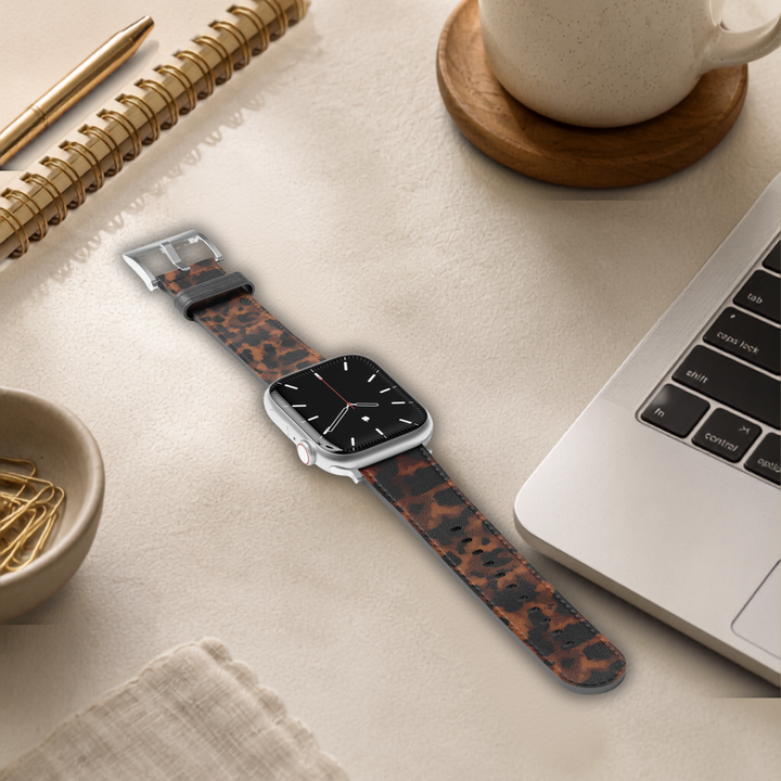 Savannah Luxe Leopard Vegan Leather Apple Watch Band with premium stainless steel buckle and soft faux suede lining compatible with Apple Watch Ultra, SE and Series 1 through 10.