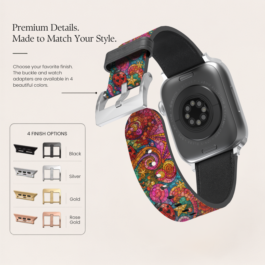 Colorful stained glass Apple Watch band featuring vibrant pink, orange, blue, and purple mosaic artwork with whimsical stars and abstract patterns printed on premium vegan leather. Compatible with Apple Watch Series 1–10, SE, Ultra, and Ultra 2.