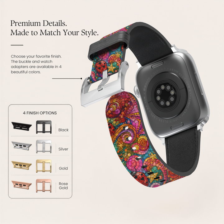 Colorful stained glass Apple Watch band featuring vibrant pink, orange, blue, and purple mosaic artwork with whimsical stars and abstract patterns printed on premium vegan leather. Compatible with Apple Watch Series 1–10, SE, Ultra, and Ultra 2.