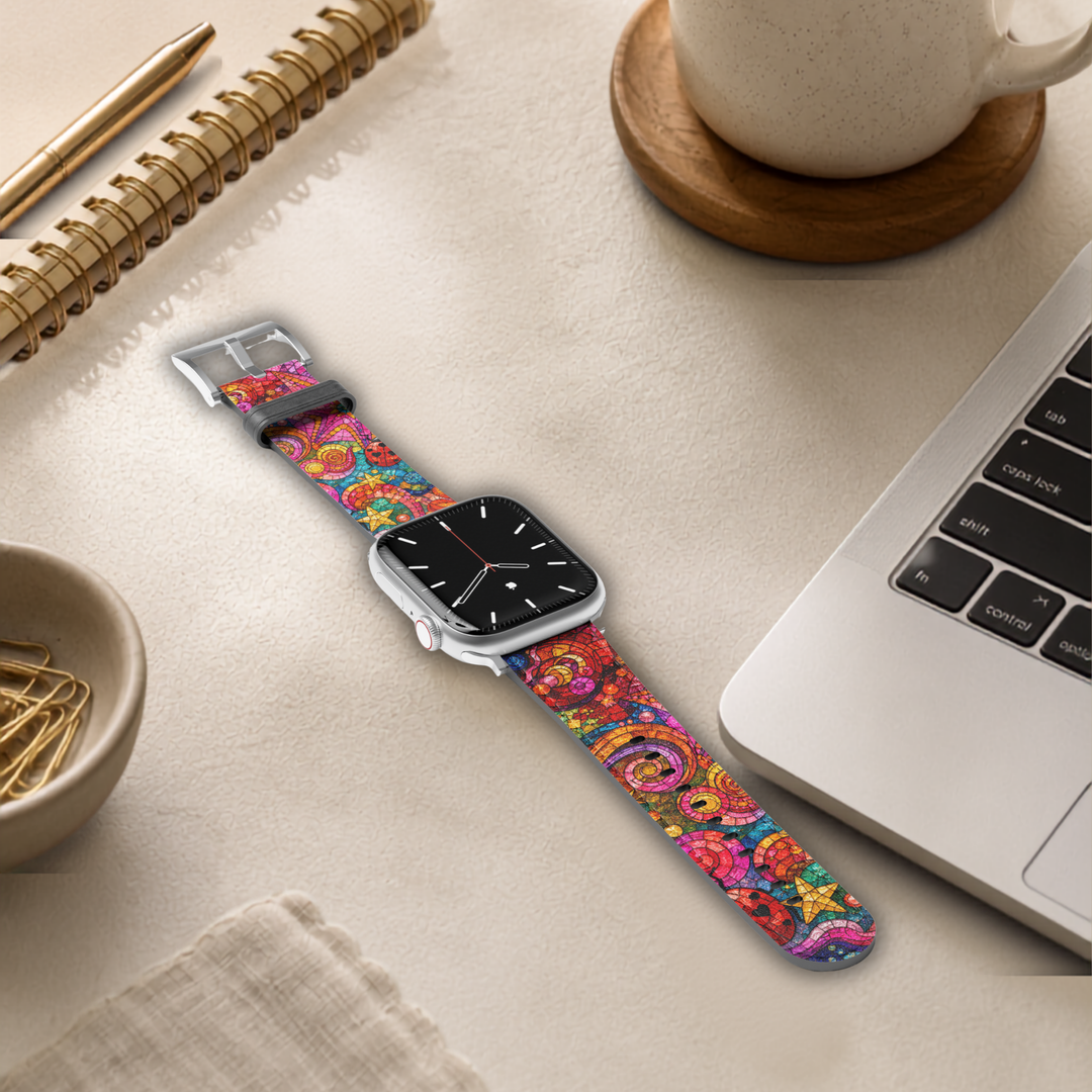 Colorful stained glass Apple Watch band featuring vibrant pink, orange, blue, and purple mosaic artwork with whimsical stars and abstract patterns printed on premium vegan leather. Compatible with Apple Watch Series 1–10, SE, Ultra, and Ultra 2.