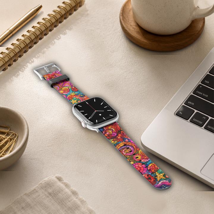 Colorful stained glass Apple Watch band featuring vibrant pink, orange, blue, and purple mosaic artwork with whimsical stars and abstract patterns printed on premium vegan leather. Compatible with Apple Watch Series 1–10, SE, Ultra, and Ultra 2.