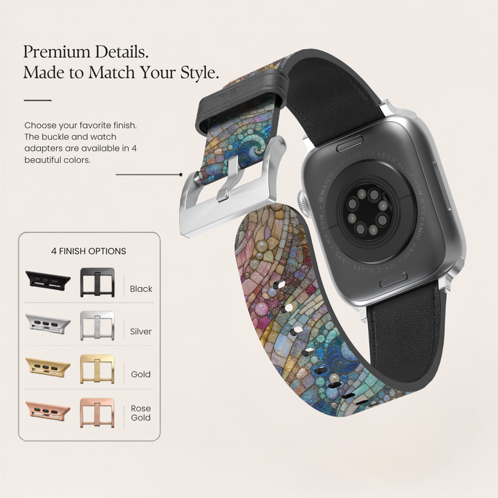 Mermaid Mosaic Apple Watch band featuring pastel stained glass artwork with ocean-inspired blues, pinks, pearls, seashells, and mosaic details printed on premium vegan leather with soft faux-suede lining. Compatible with Apple Watch Series 1–10, SE, Ultra, and Ultra 2.
