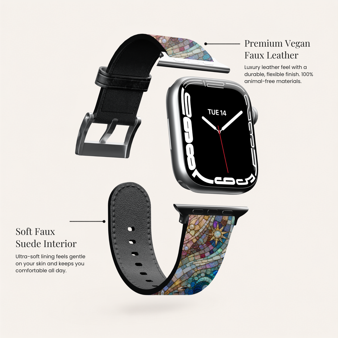 Mermaid Mosaic Apple Watch band featuring pastel stained glass artwork with ocean-inspired blues, pinks, pearls, seashells, and mosaic details printed on premium vegan leather with soft faux-suede lining. Compatible with Apple Watch Series 1–10, SE, Ultra, and Ultra 2.