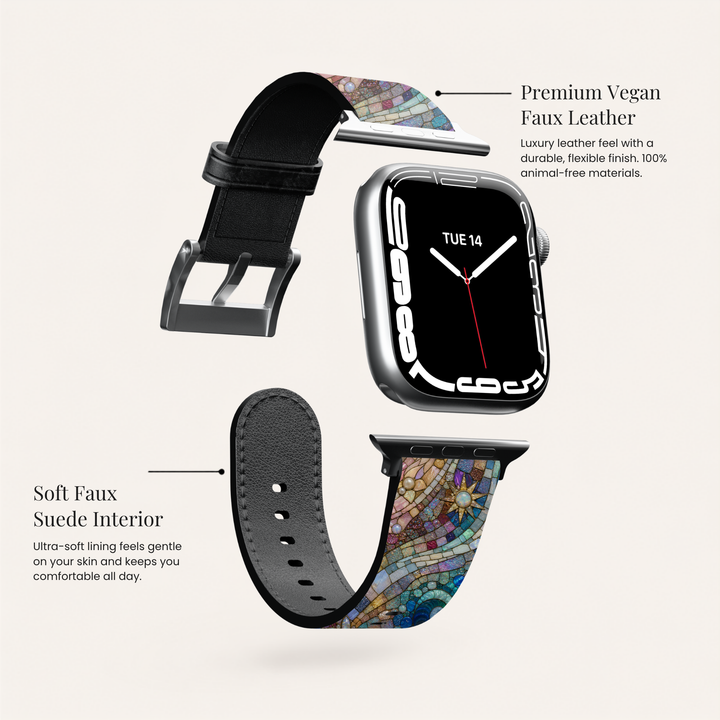 Mermaid Mosaic Apple Watch band featuring pastel stained glass artwork with ocean-inspired blues, pinks, pearls, seashells, and mosaic details printed on premium vegan leather with soft faux-suede lining. Compatible with Apple Watch Series 1–10, SE, Ultra, and Ultra 2.