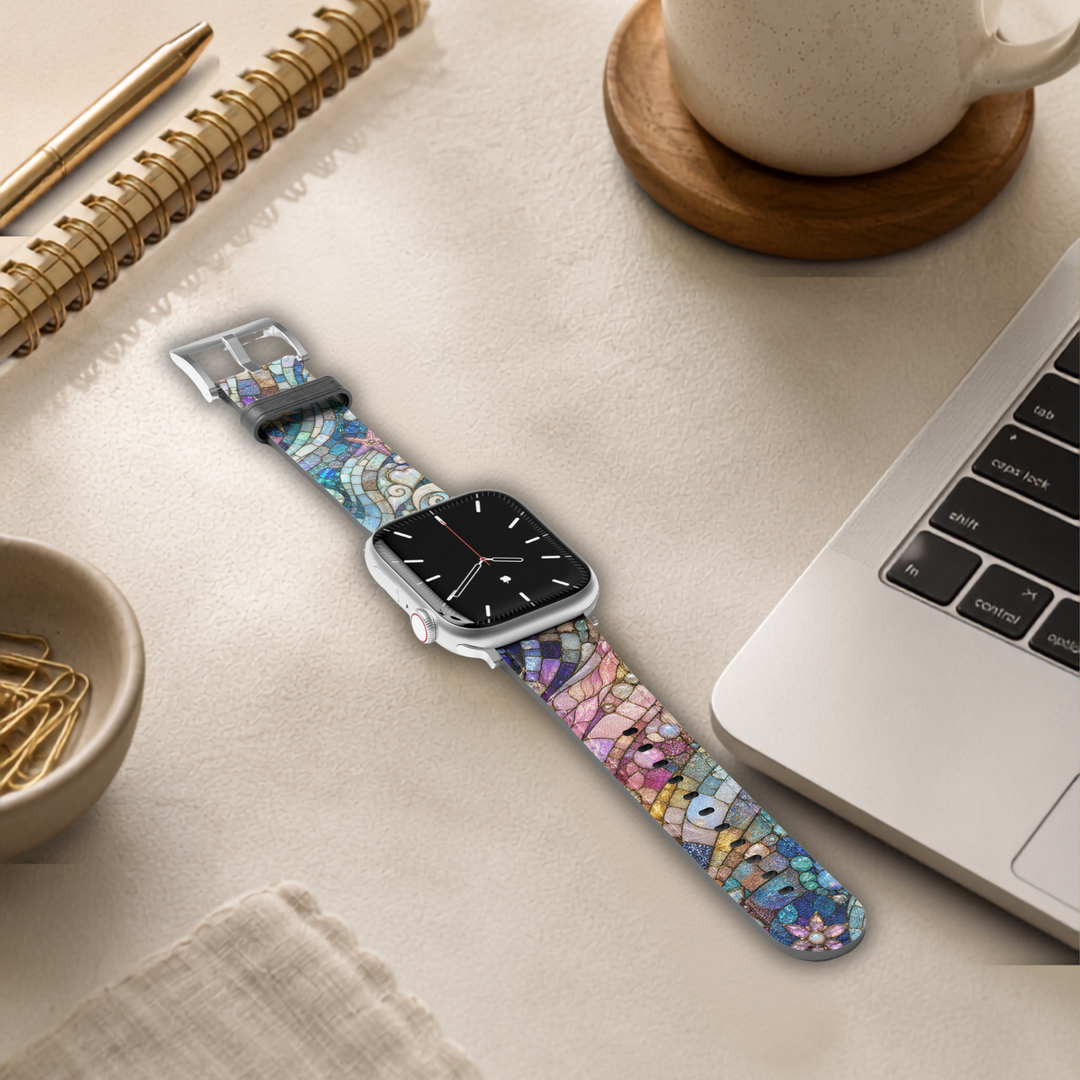 Mermaid Mosaic Apple Watch band featuring pastel stained glass artwork with ocean-inspired blues, pinks, pearls, seashells, and mosaic details printed on premium vegan leather with soft faux-suede lining. Compatible with Apple Watch Series 1–10, SE, Ultra, and Ultra 2.