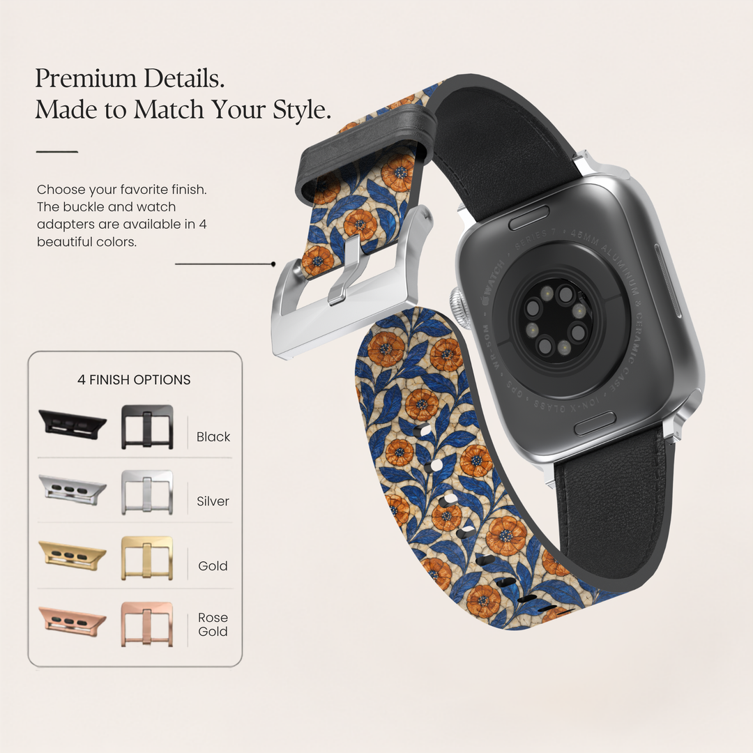 Azure Bloom floral Apple Watch band featuring cobalt blue leaves and amber orange flowers printed on premium vegan leather with soft faux-suede lining and stainless steel hardware. Compatible with Apple Watch Series 1–10, SE, Ultra, and Ultra 2.