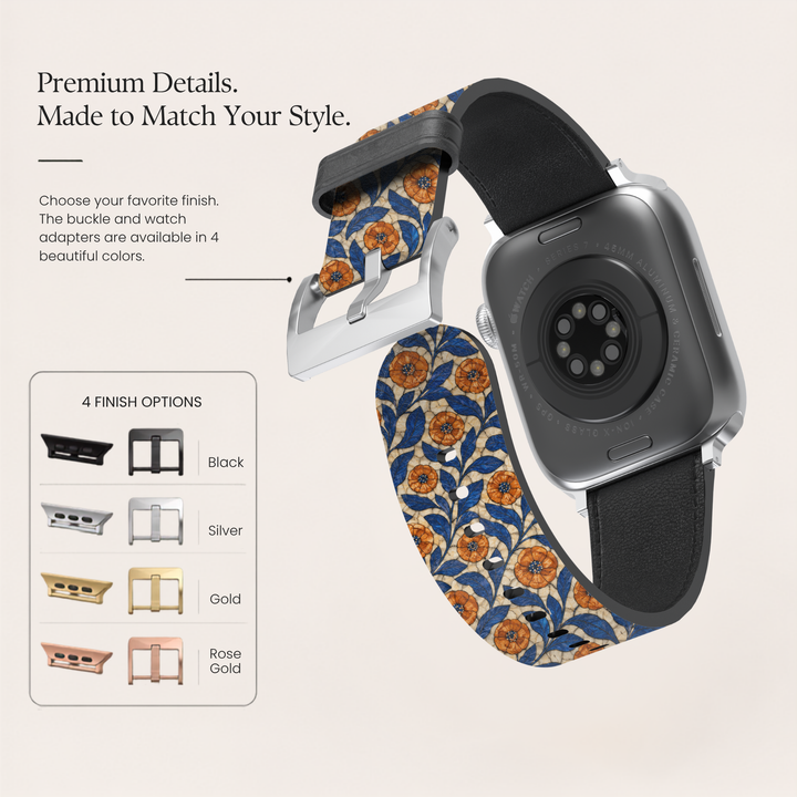 Azure Bloom floral Apple Watch band featuring cobalt blue leaves and amber orange flowers printed on premium vegan leather with soft faux-suede lining and stainless steel hardware. Compatible with Apple Watch Series 1–10, SE, Ultra, and Ultra 2.