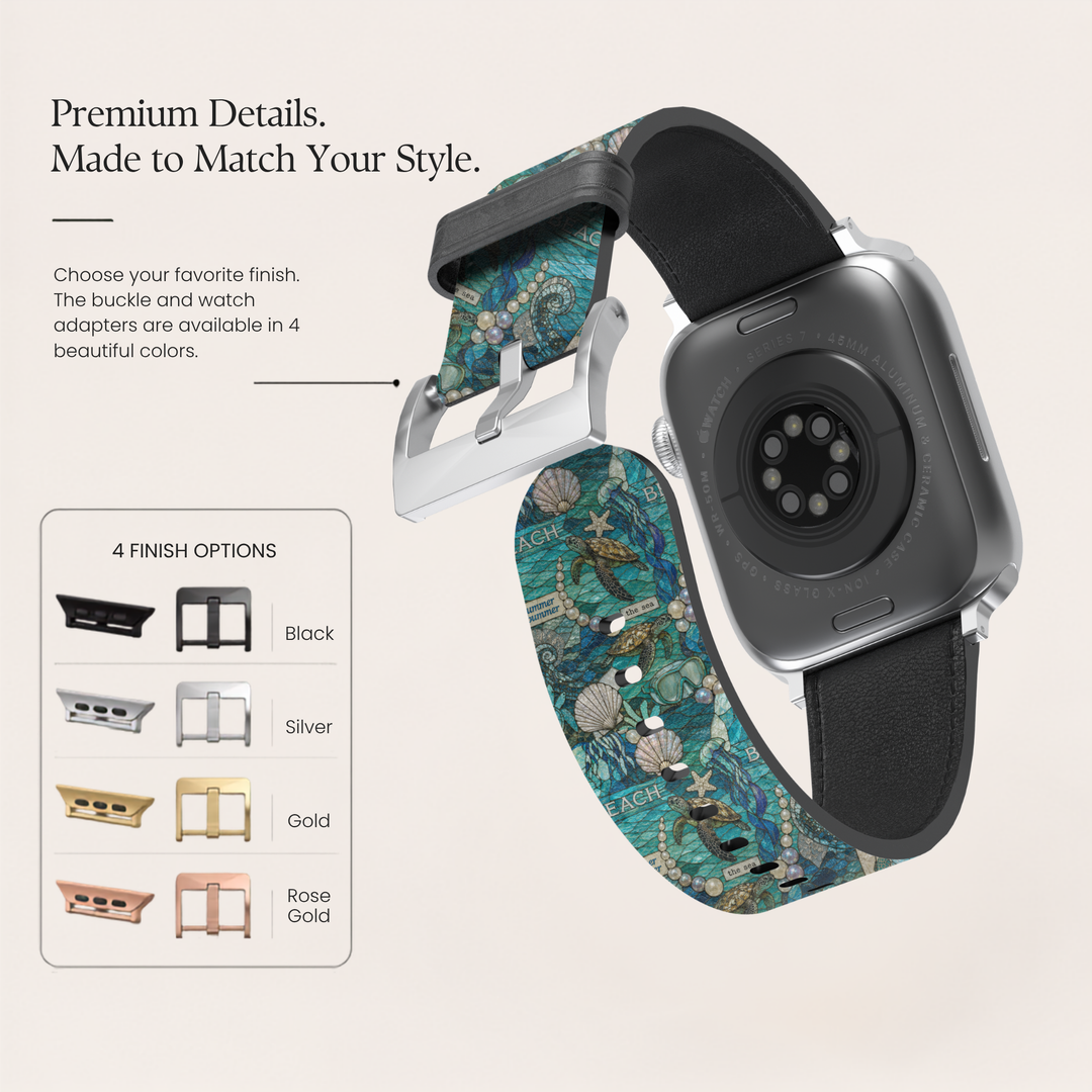 Coastal Mosaic Apple Watch band featuring stained-glass inspired sea turtles, seashells, pearls, and ocean artwork printed on premium vegan leather with stainless steel hardware. Compatible with Apple Watch Series 1–10, SE, Ultra, and Ultra 2.